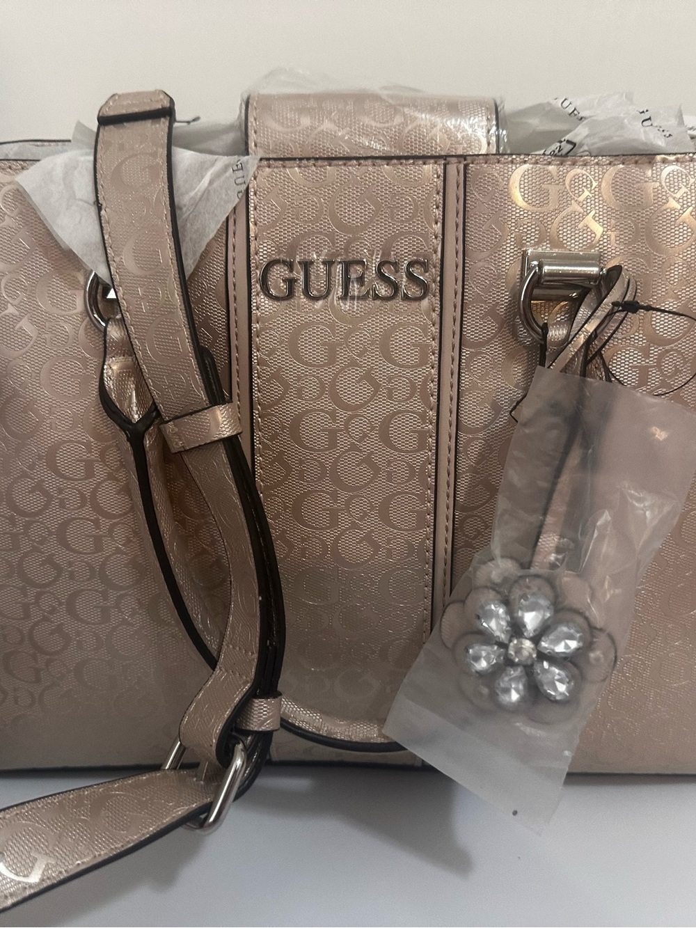 GUESS Metallic Rose Gold Logo Tote with Charm